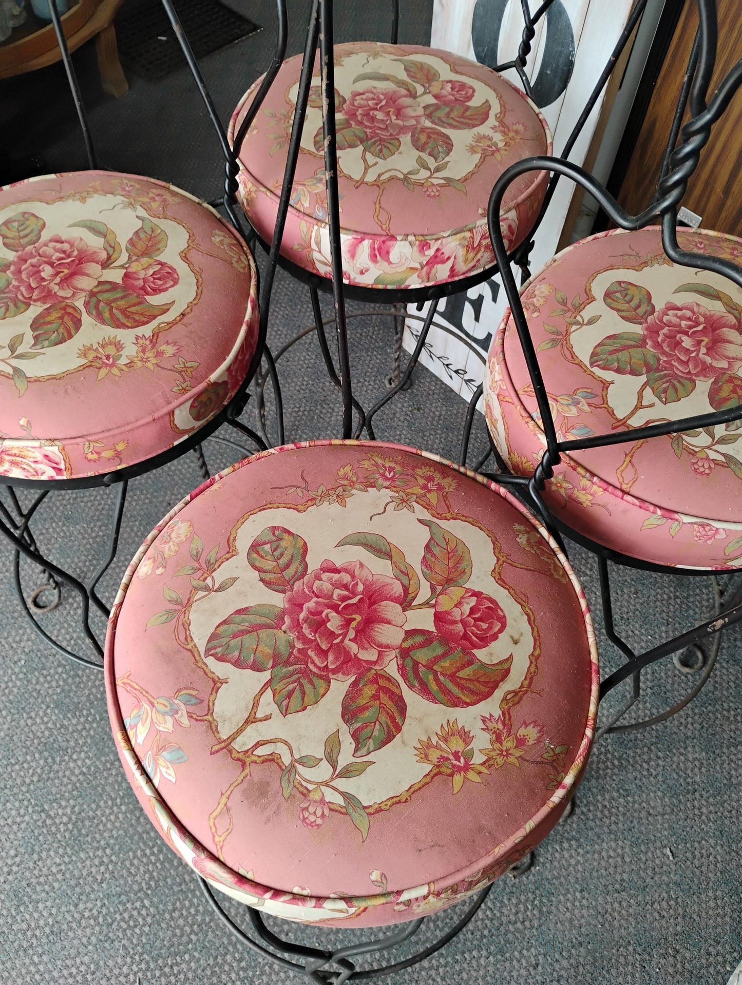 Vintage Ice Cream Parlor Stool Chairs – Set of 4 with Rose Cushion Design